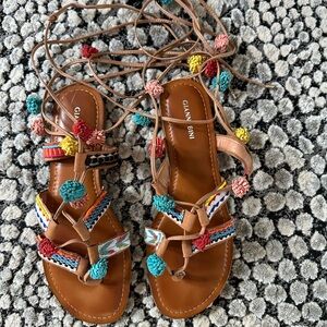 Gianni Bini Multicolor Boho Leather PomPom Wrap Sandals